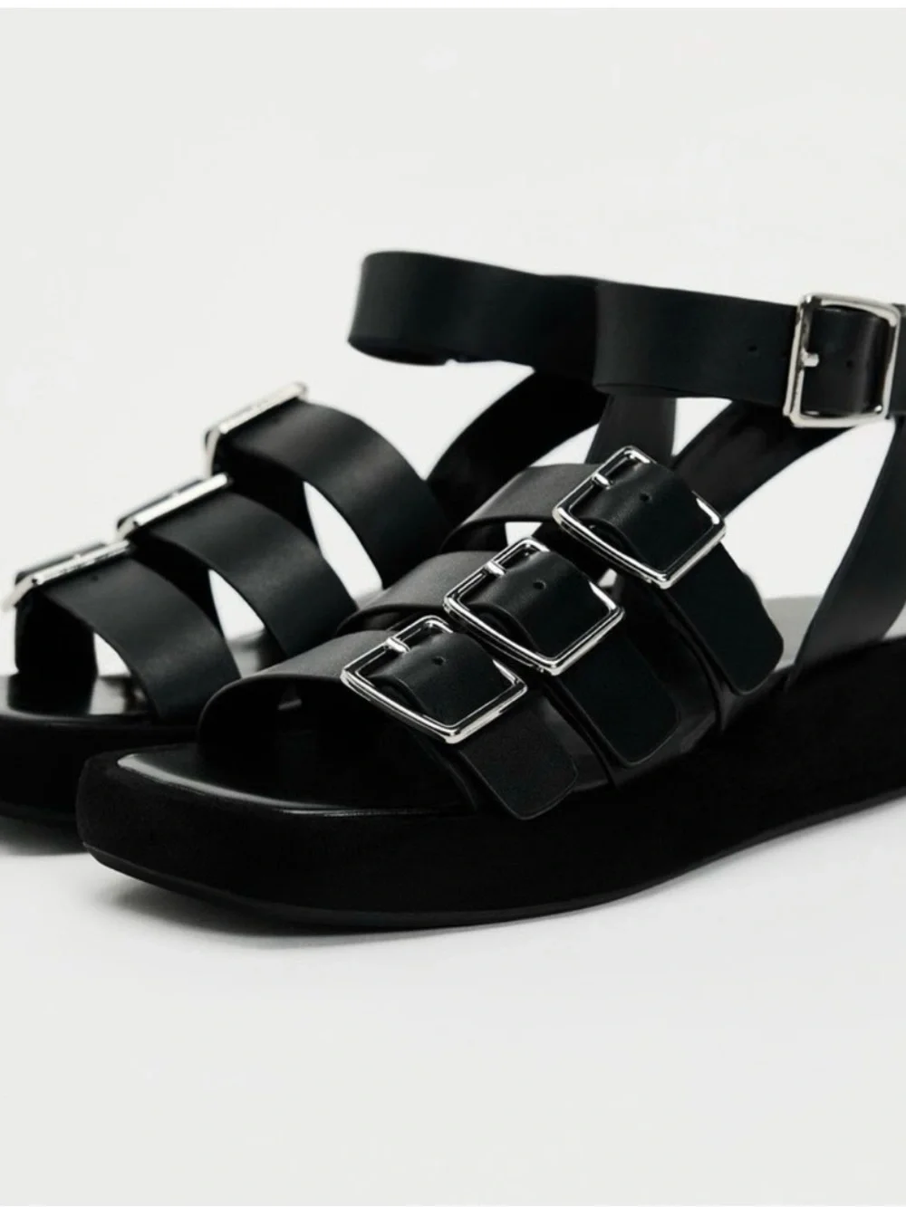 Women’s Zara Black Triple-Strap Buckle Ankle Platform Sandals size 7.5 like new - Picture 5 of 5